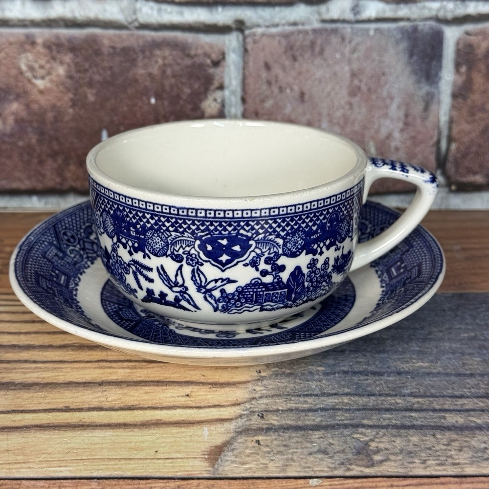 Vintage Homer Laughlin Blue Willow Tea Cup Saucer‎ Transferware USA  Blue White